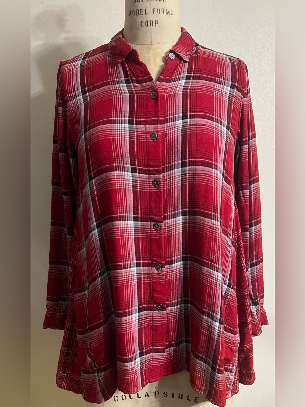 J. Jill Red Double Plaid Tunic Button Up Shirt With Side Pockets Petite Small